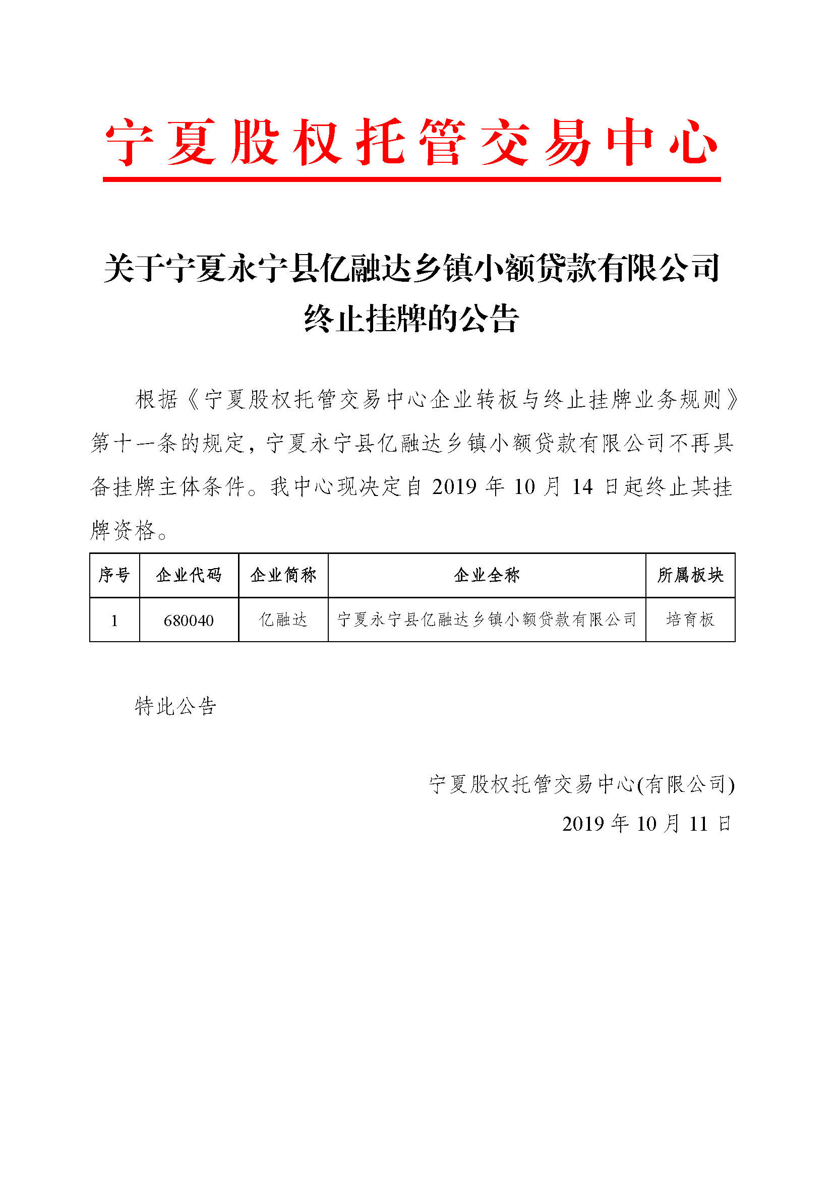 關(guān)于寧夏永寧縣億融達鄉(xiāng)鎮(zhèn)小額貸款有限公司終止掛牌的公告2019.10.11.png